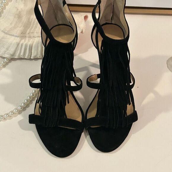 Ann Taylor Black leather fringe heels open toe heels stiletto - Picture 5 of 7